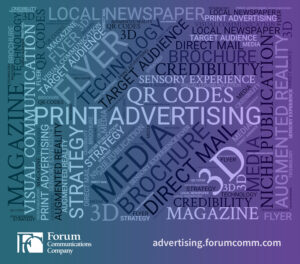 A word cloud for print advertising: magazine, flyer, newspaper, print, strategy, media, direct mail, etc.