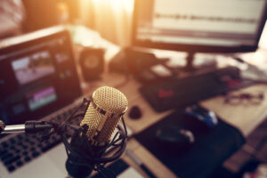 A media room set-up for creating audio or podcasts.